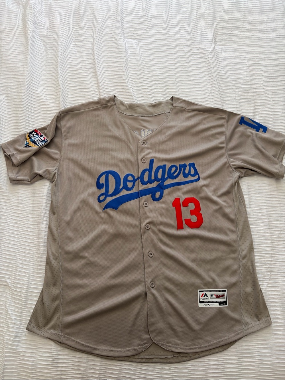 Majestic Dodgers Gray Away Jersey with Blue Script and Red Number 13- Max Muncy
